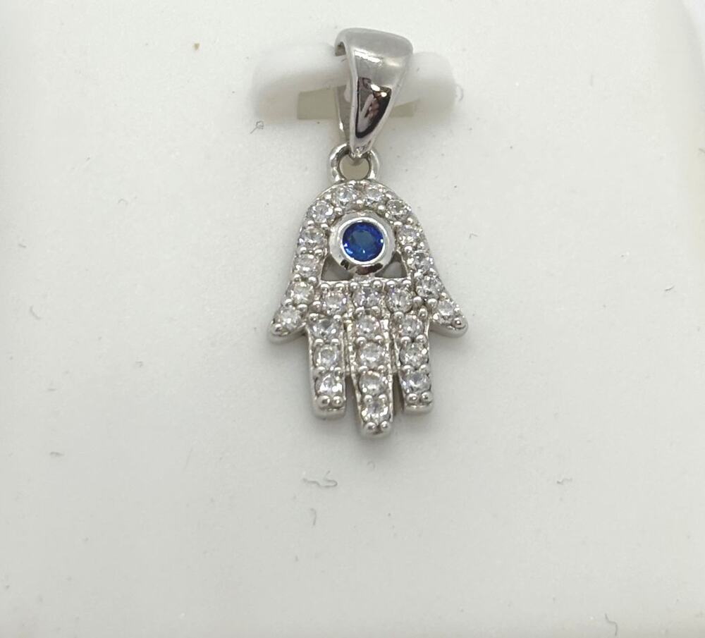 925 Sterling Silver CZ Small Hamsa Hand Cubic Zirconia 3D Pendant 17mm
